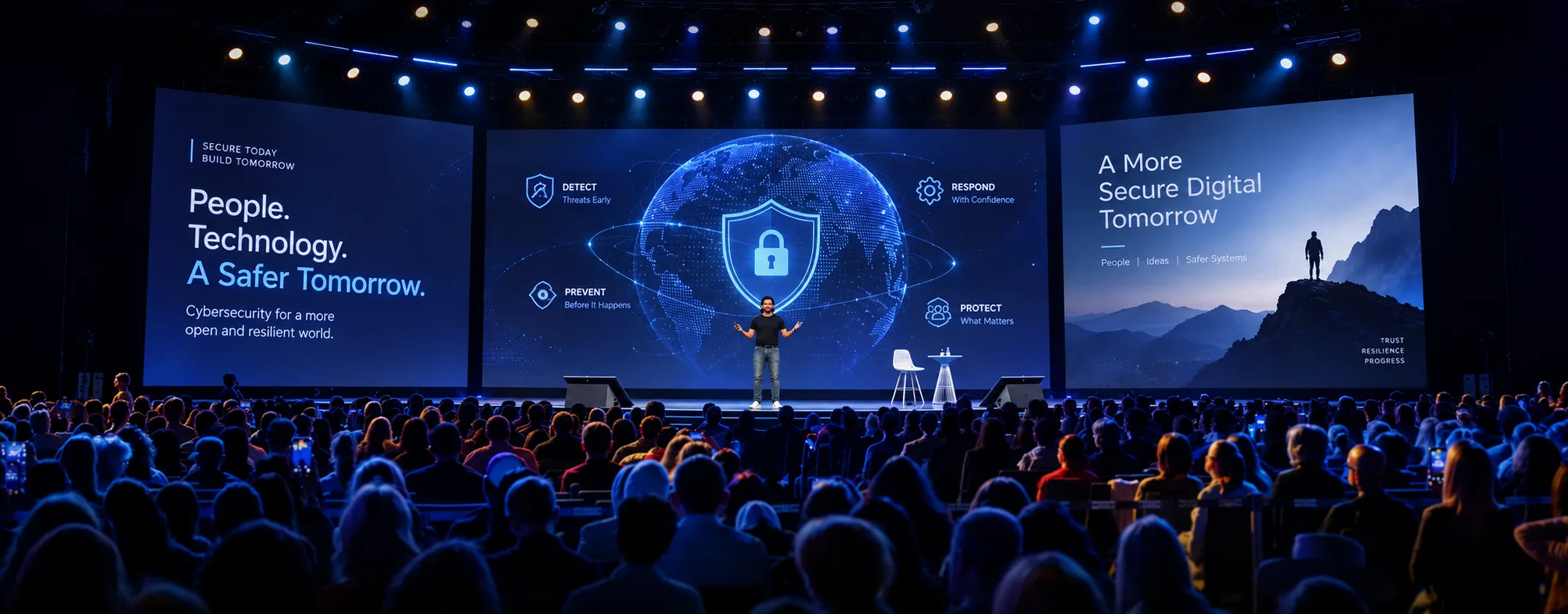Gautam Kumawat on stage in front of a full auditorium, flanked by three screens reading People. Technology. A Safer Tomorrow.