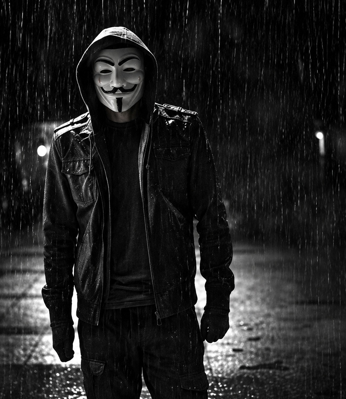 Vivek, photographed in a Guy Fawkes mask and hooded jacket in the rain at night